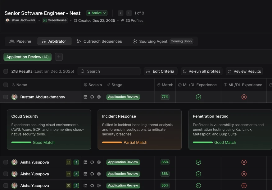 Arbi evaluation at scale showing candidate rankings and match scoring